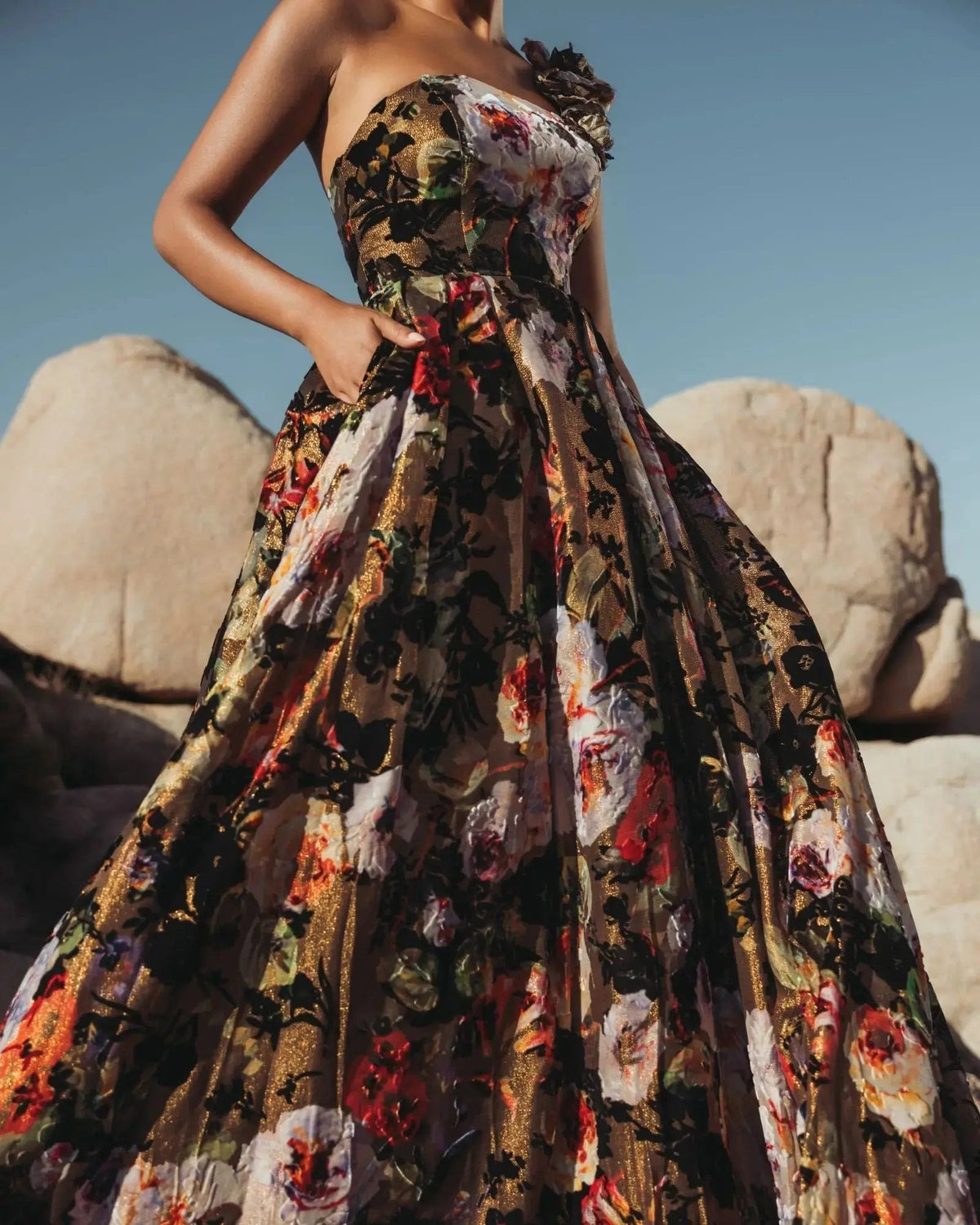 Black Multi Floral Velvet Ball Gown With Pockets