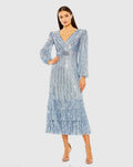 Blue A-Line V-Neck Sequin Ruffle Dress