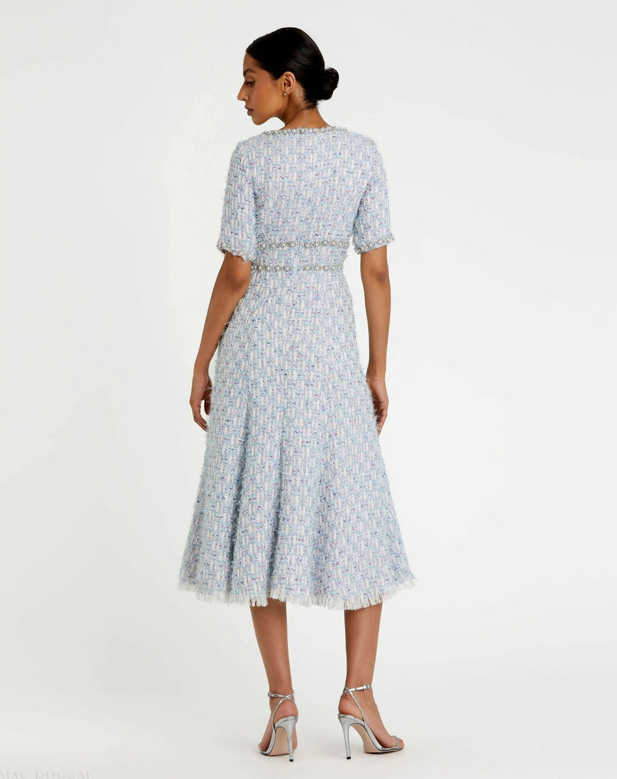 Blue Multi Short Sleeve Beaded Trim Boucle Midi Dress