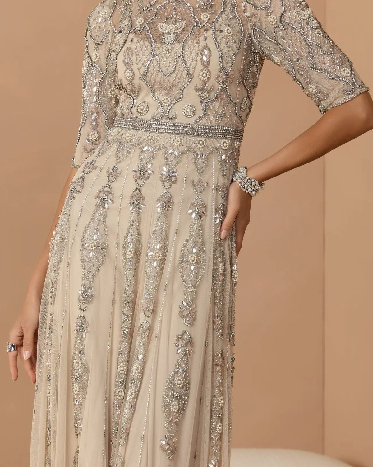 Vintage Lilac 3/4 Sleeve Embellished A-line Gown