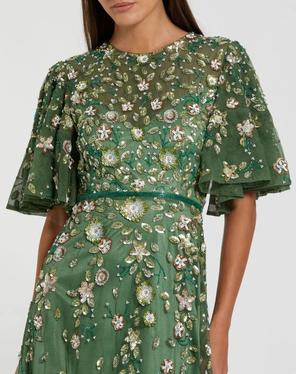 Sage Floral Embellished Flutter Sleeve Midi Dress
