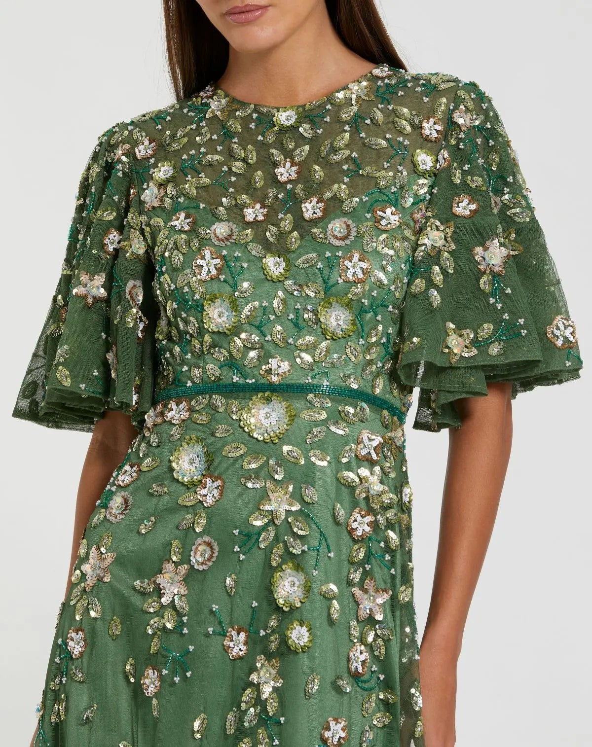 Sage Floral Embellished Flutter Sleeve Midi Dress