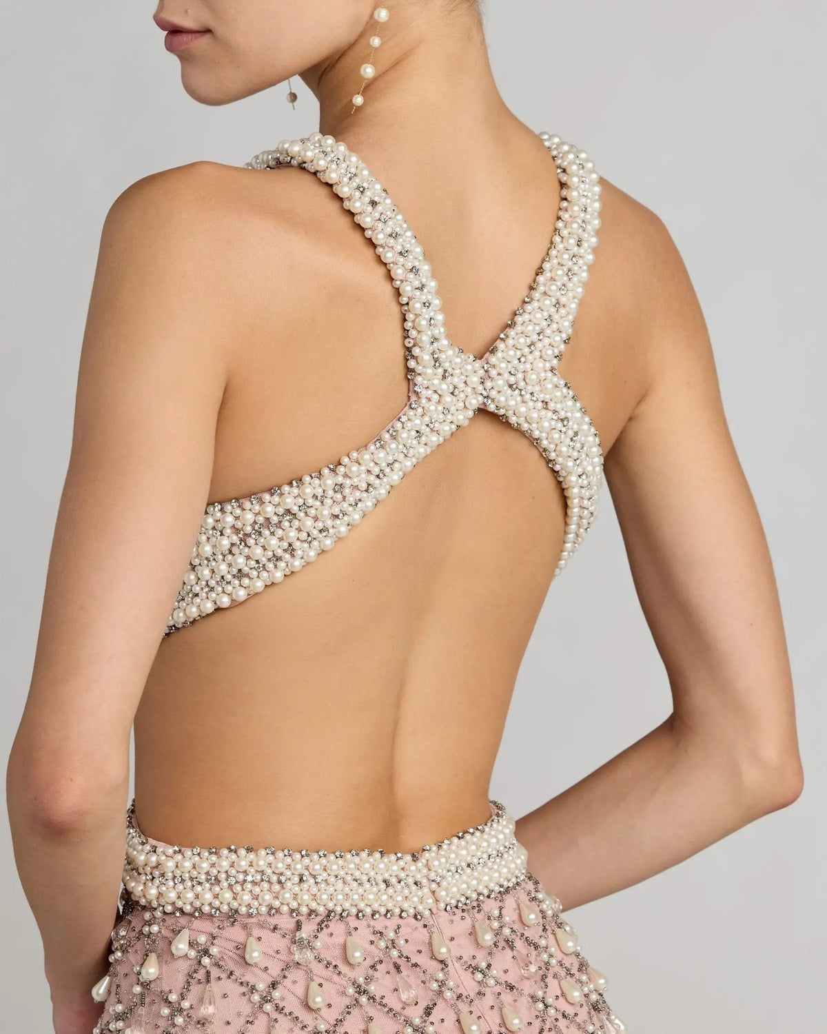 Light Rose Pearl Embellished Open Back Gown