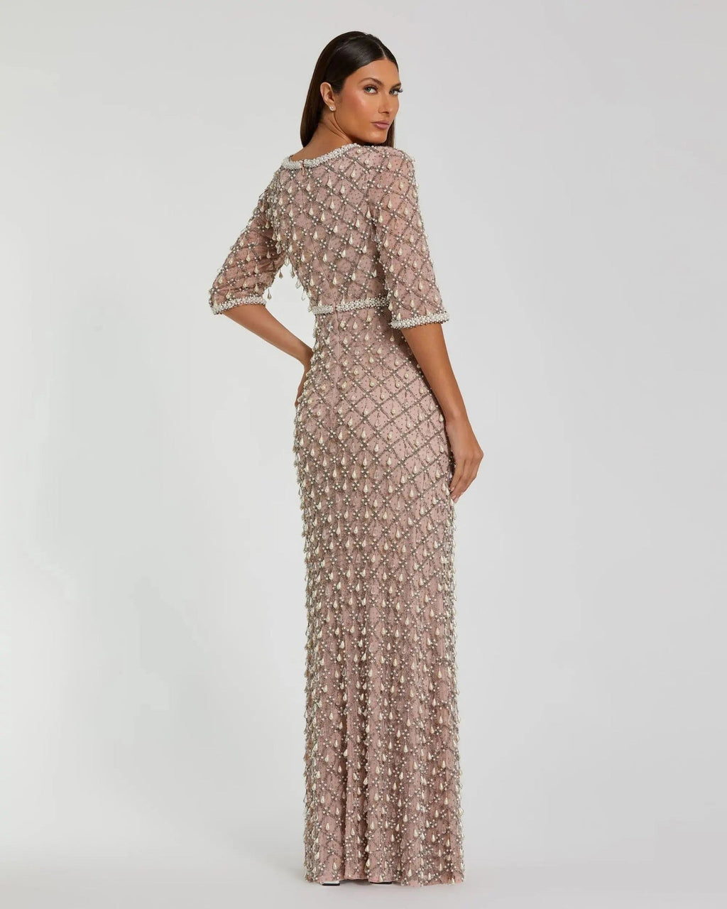 Light Rose Pearl Embellished 3/4 Sleeve Gown