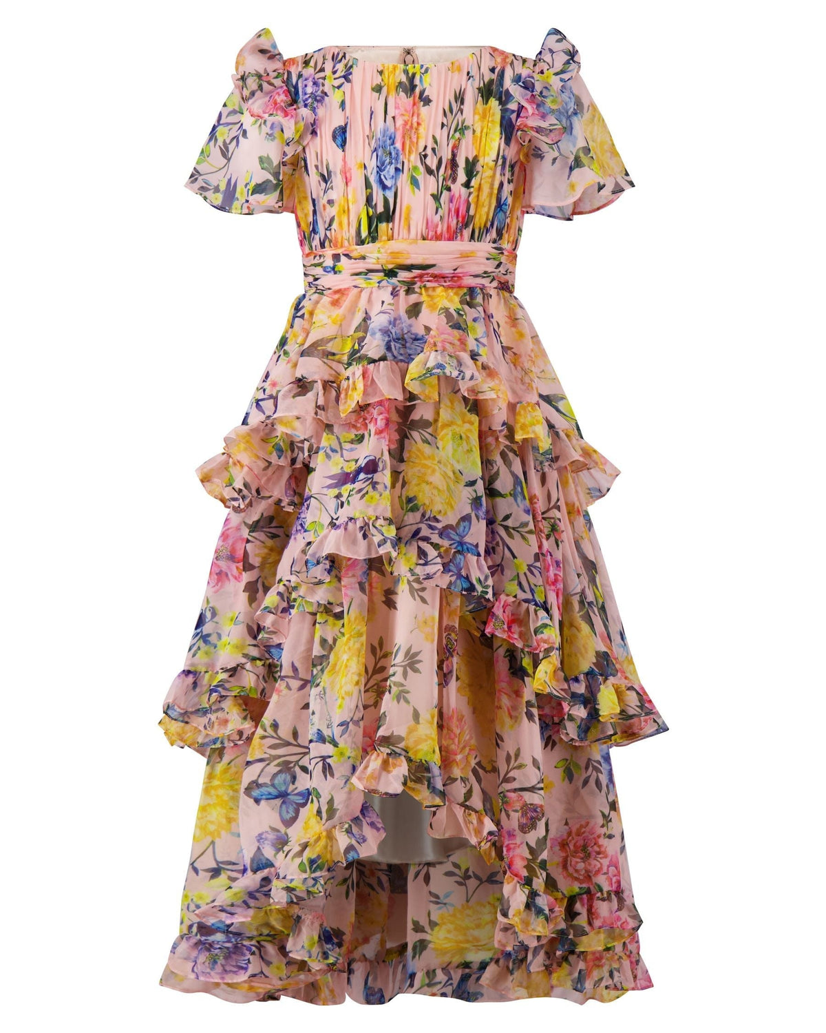 Girls Pink Multi Floral Chiffon Tiered Ruffle Dress