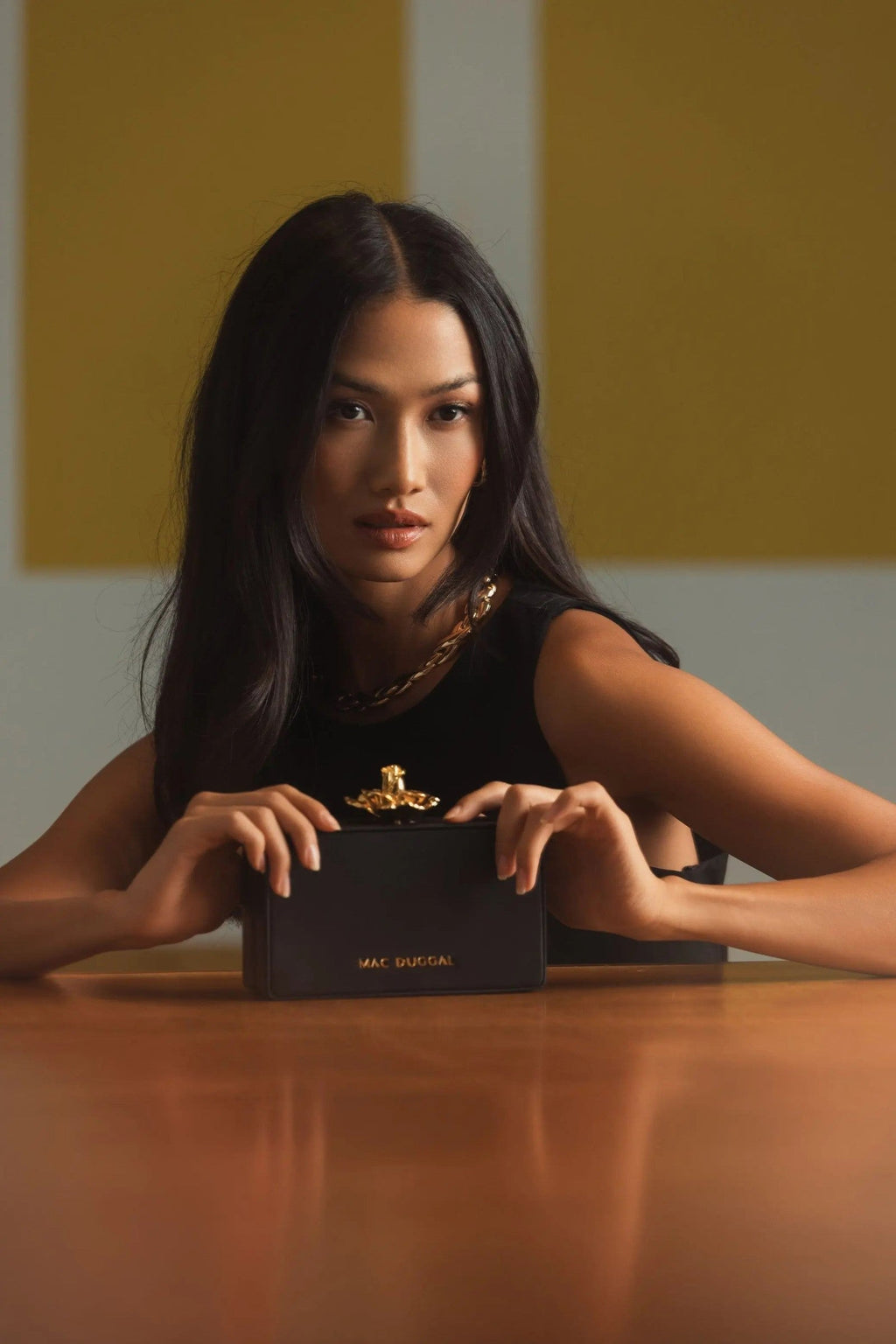 Black Mini Leather Clutch with Gold Rose Closure