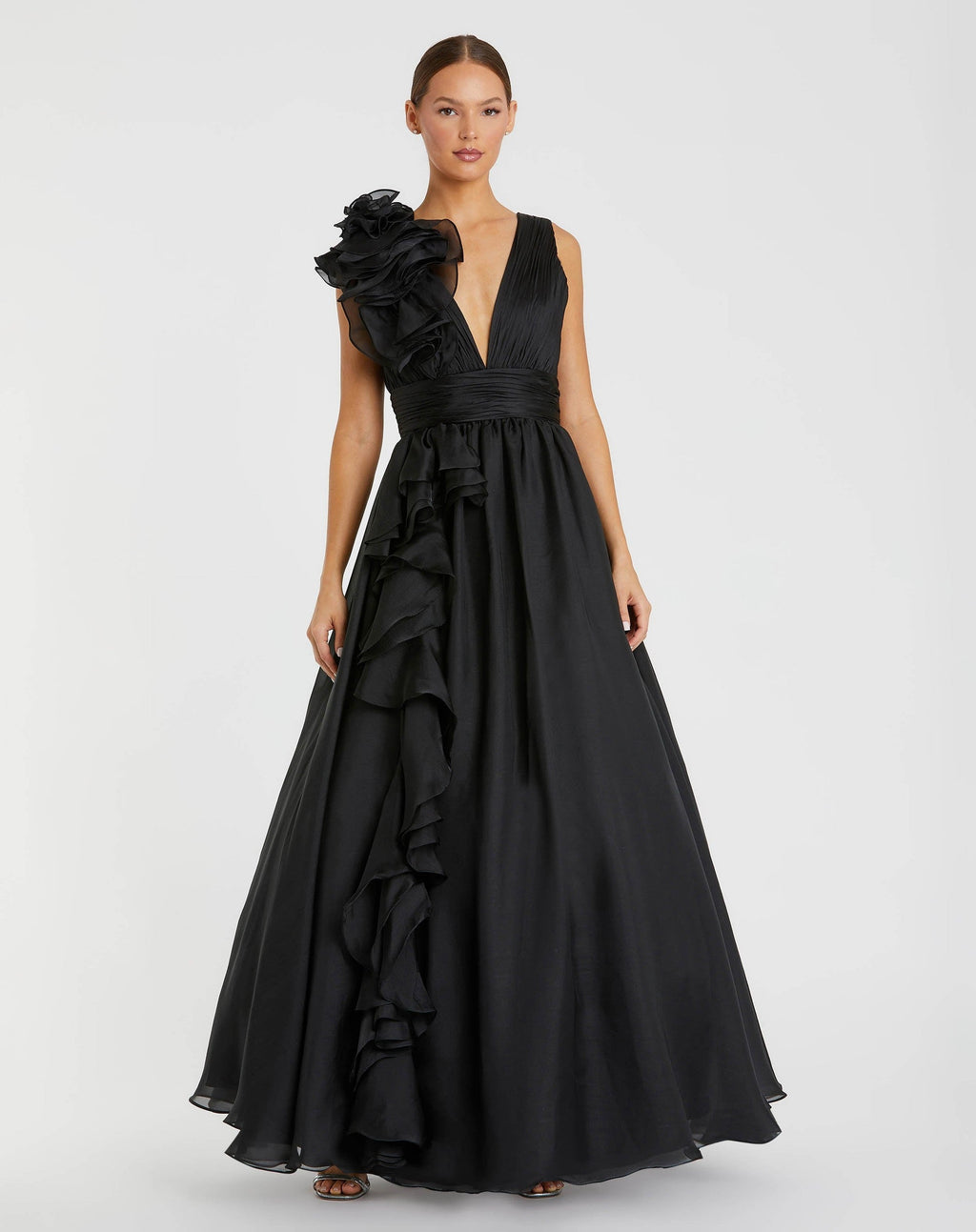 Petite Ruffle Shoulder V-Neck Chiffon Gown