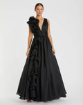 Petite Ruffle Shoulder V-Neck Chiffon Gown
