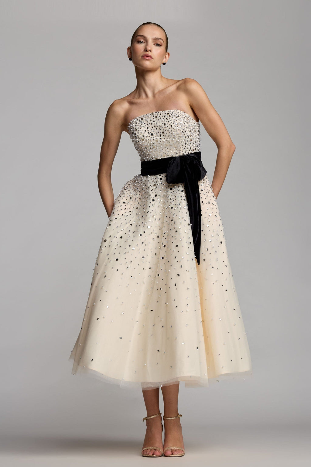Black Cream Strapless Midi Dress with Velvet Bow