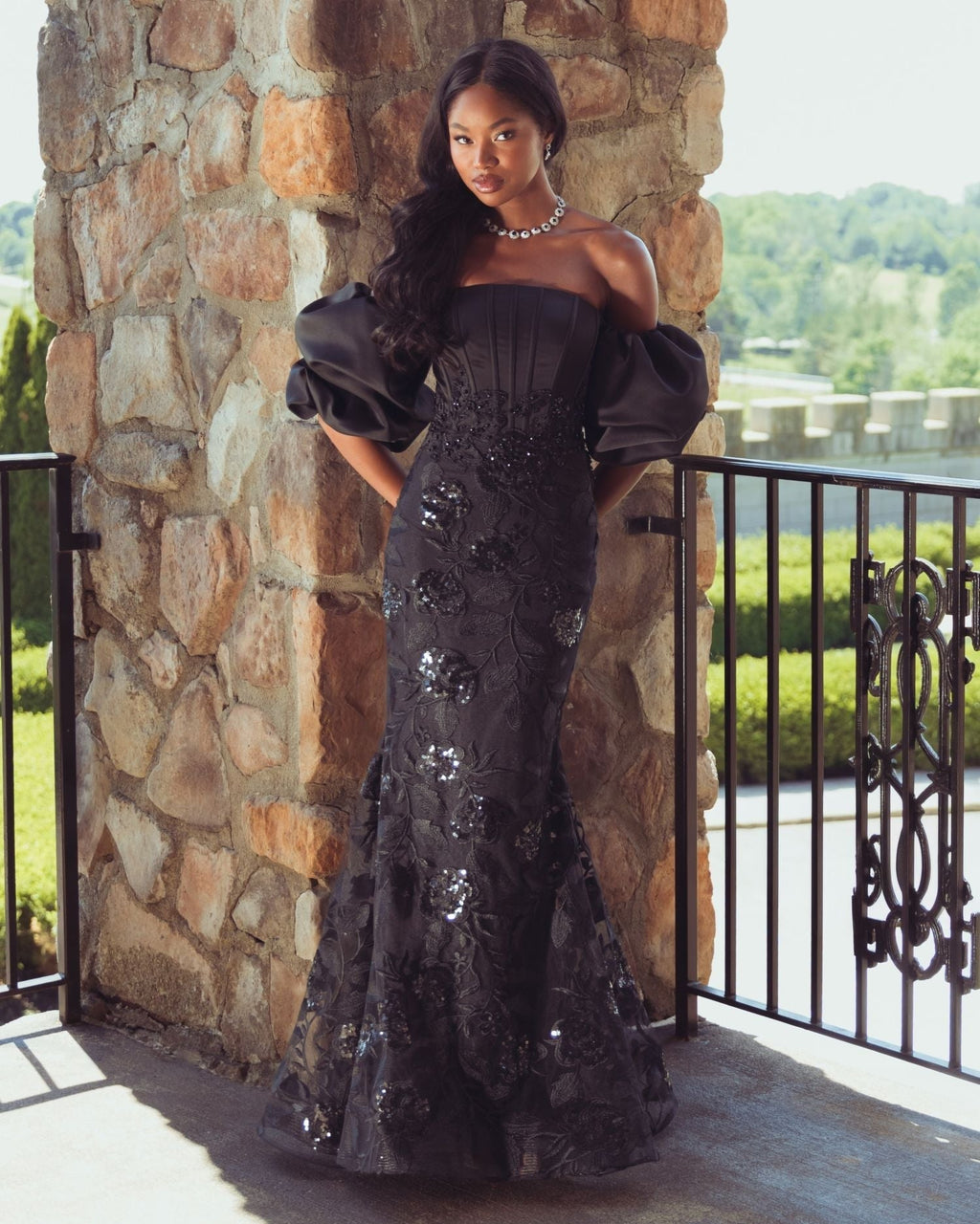 Black Satin Off The Shoulder Embroidered Mermaid Gown