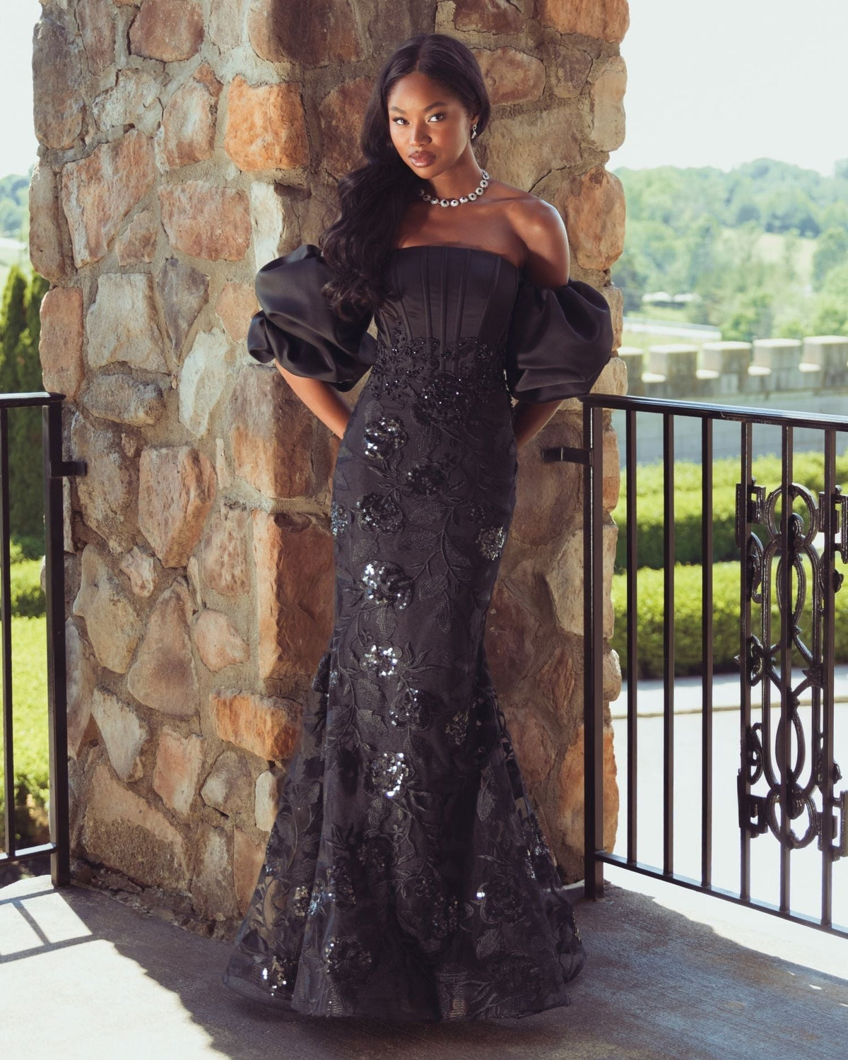 Black Satin Off The Shoulder Embroidered Mermaid Gown