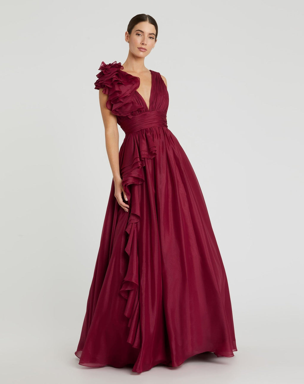 Petite Ruffle Shoulder V-Neck Chiffon Gown