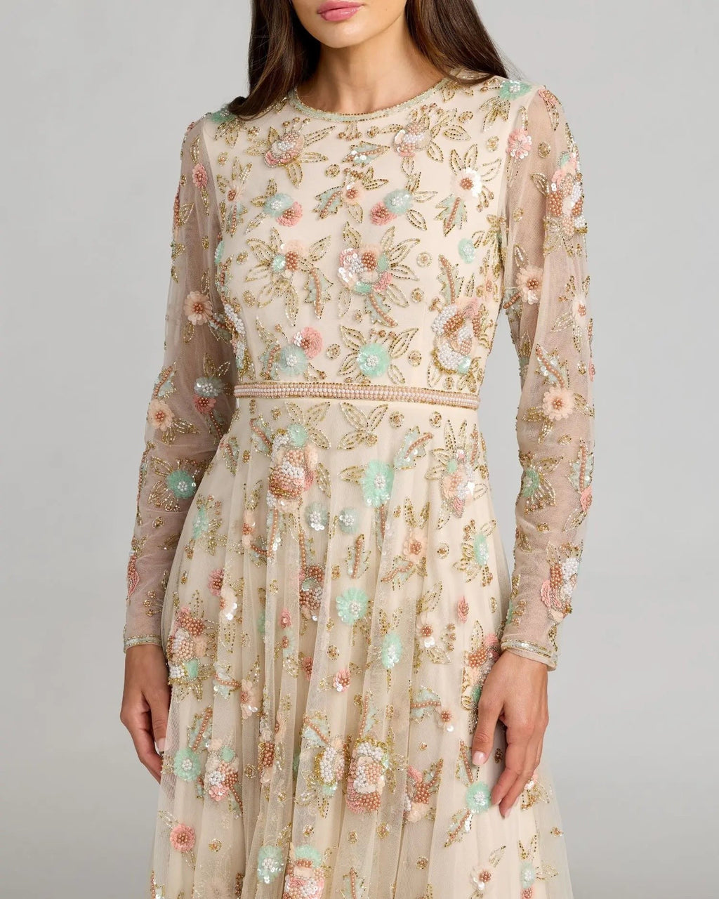 Beige Multi Floral Embellished Long Sleeve Midi Dress