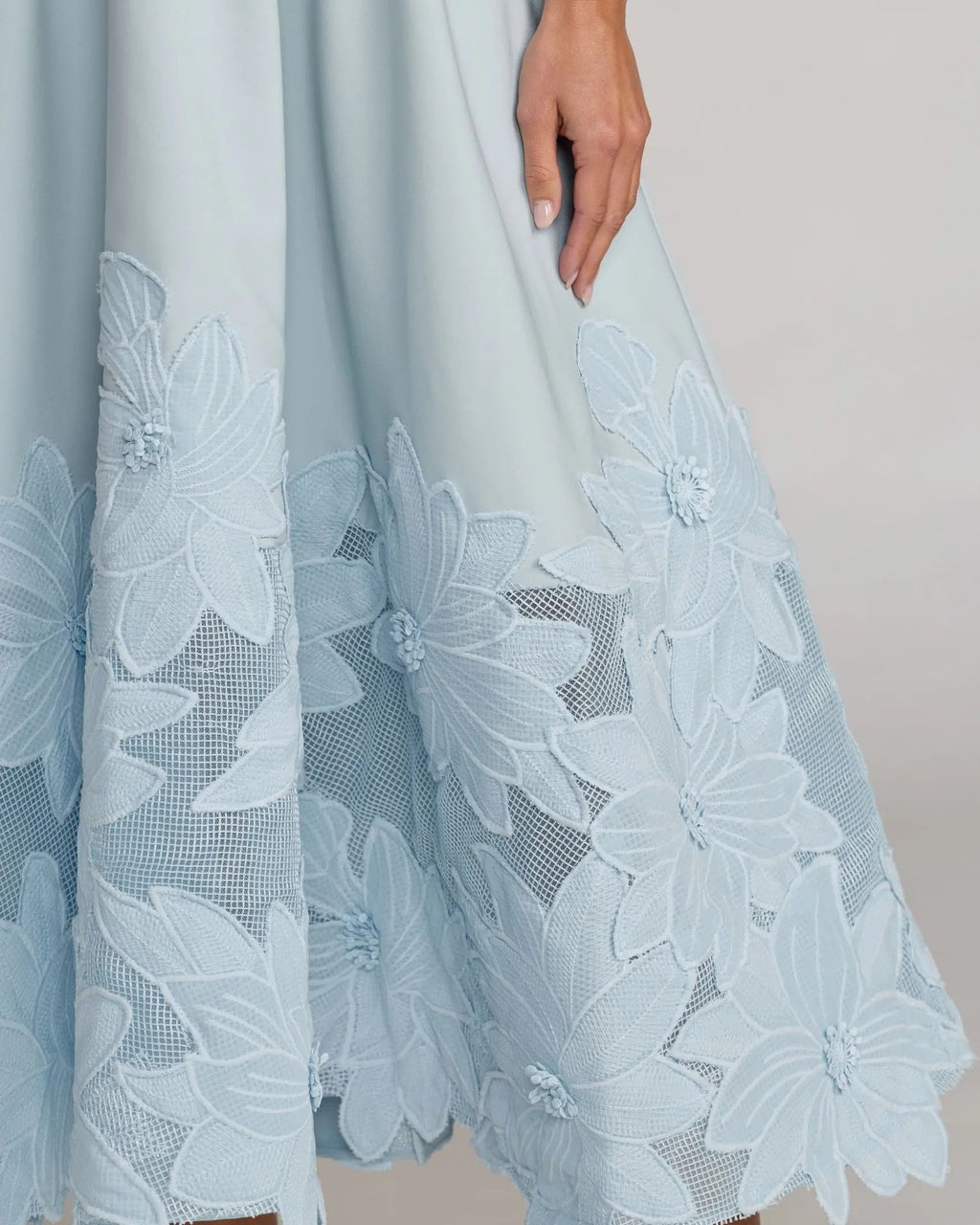 Blue Strapless Floral Appliqué Midi Dress