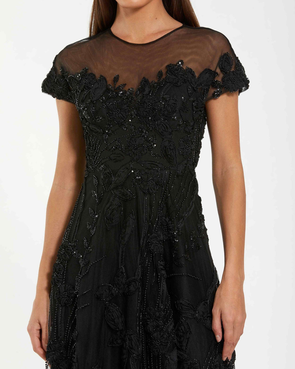 Black Embellished Lace Illusion Cocktail Dress