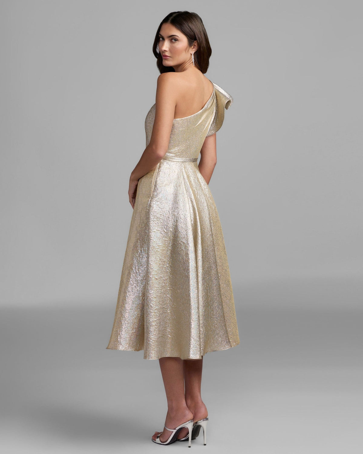 Oyster Metallic Ruffle One Shoulder Midi Dress