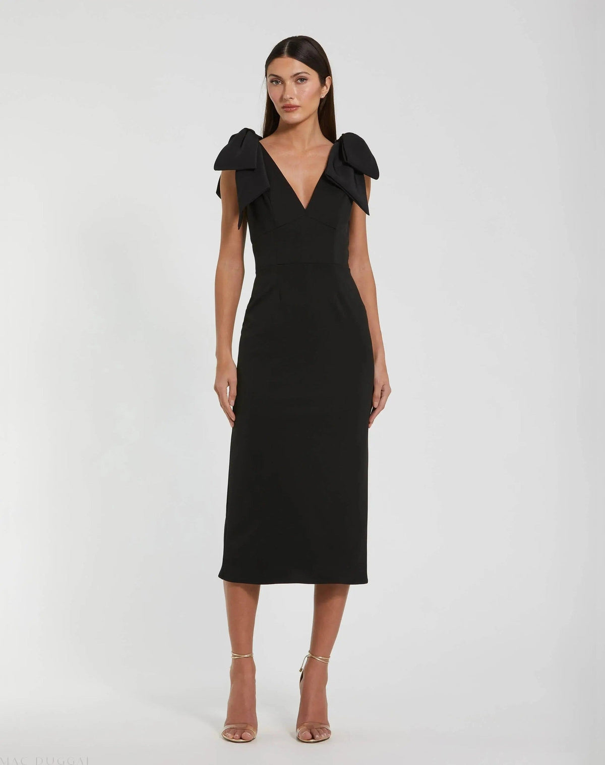 Black Sleeveless Crepe Midi Dress With Bow Straps