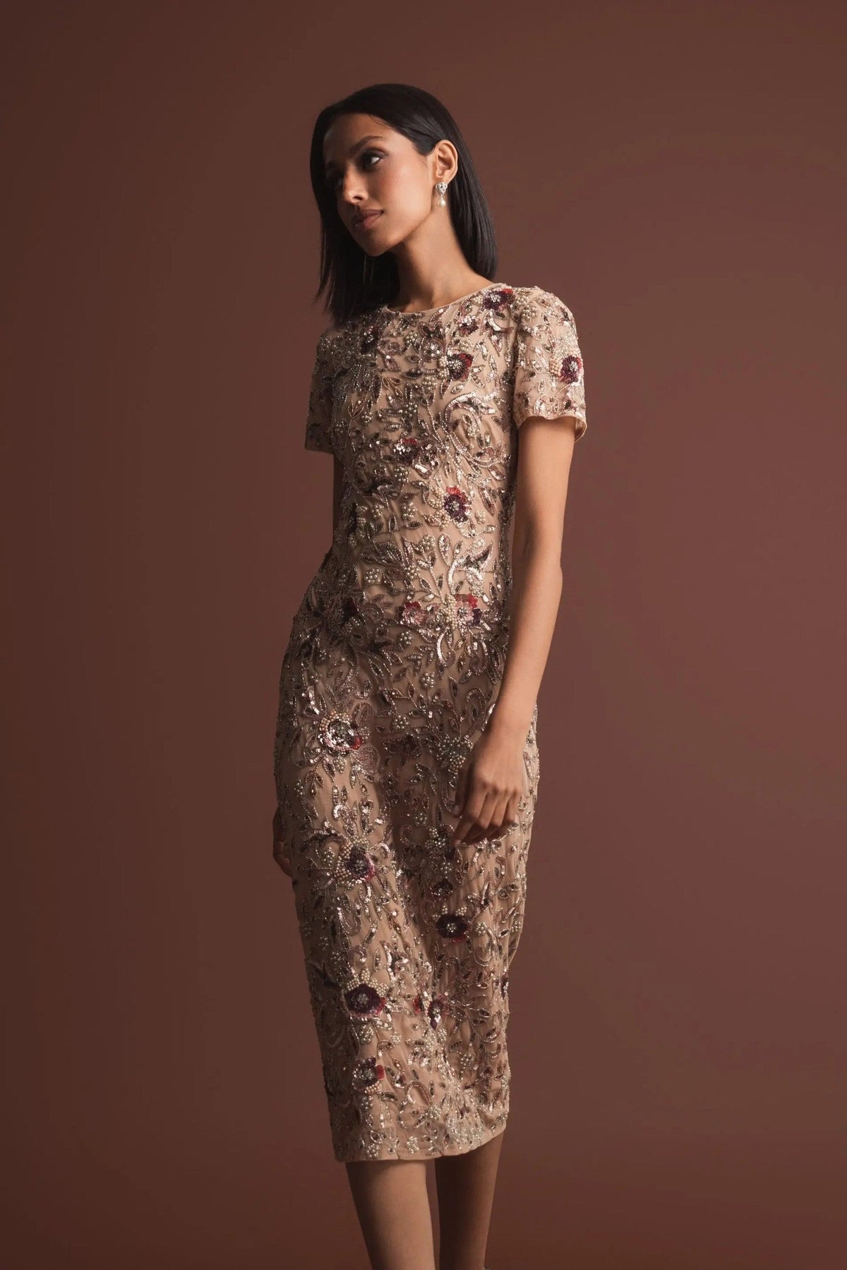 Beige Floral Embellished Short Sleeve Midi Dress