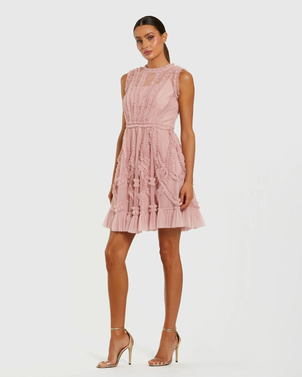 Pink High Neck Sleeveless Micro Ruffle Mini Dress