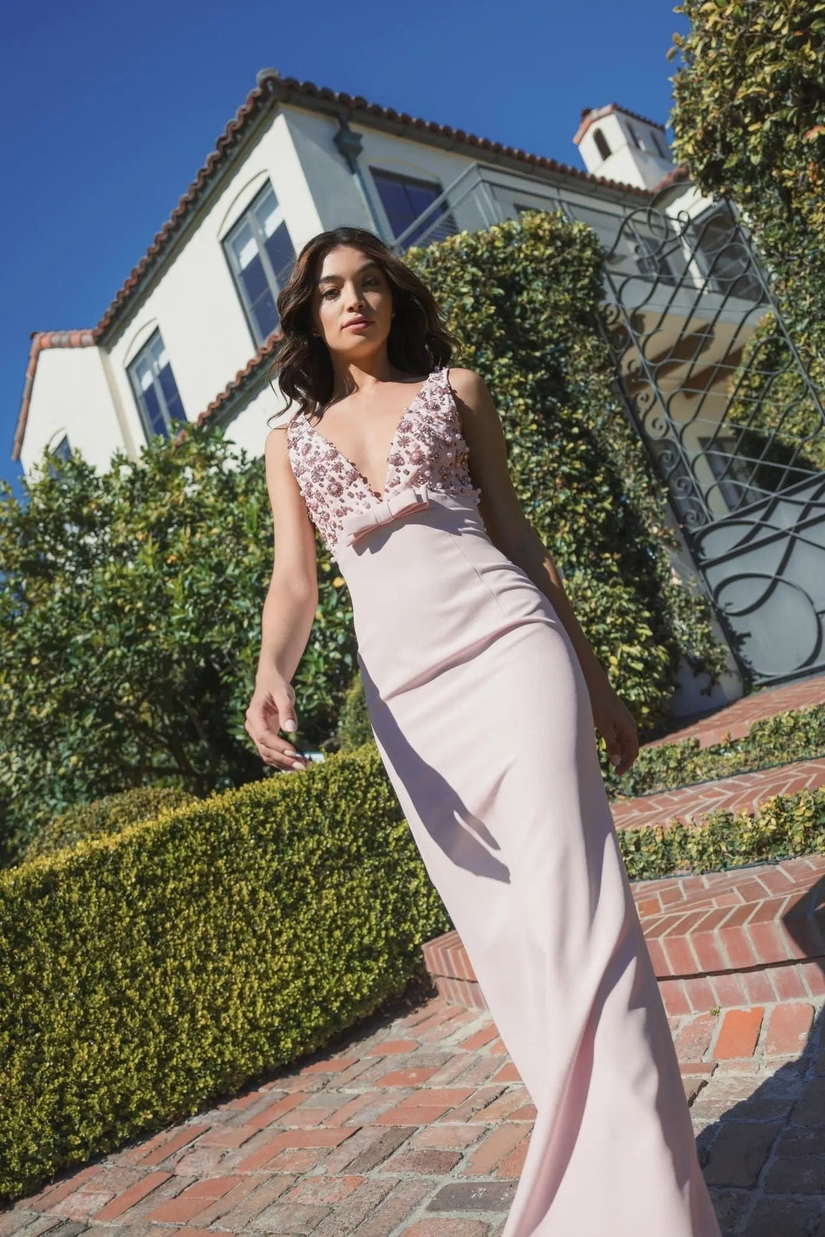 Blush Embellished Deep V-Neck Crepe Gown With Bow