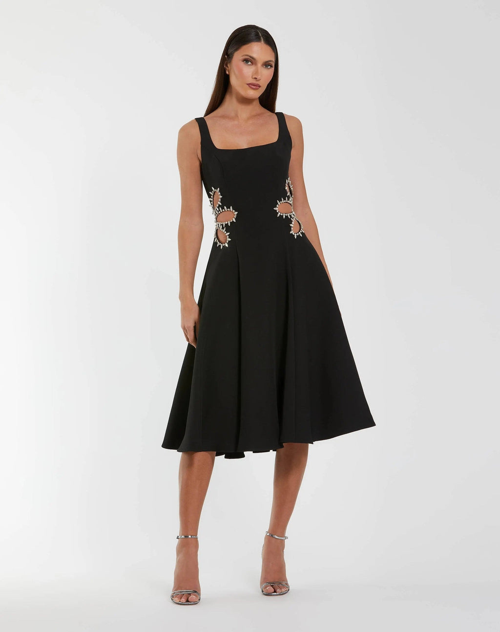 Black Sleeveless Crepe Rhinestone Cutout Midi Dress