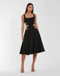 Black Sleeveless Crepe Rhinestone Cutout Midi Dress