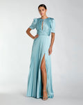 French Blue Pleated Charmeuse Puff Sleeve Gown With Slit