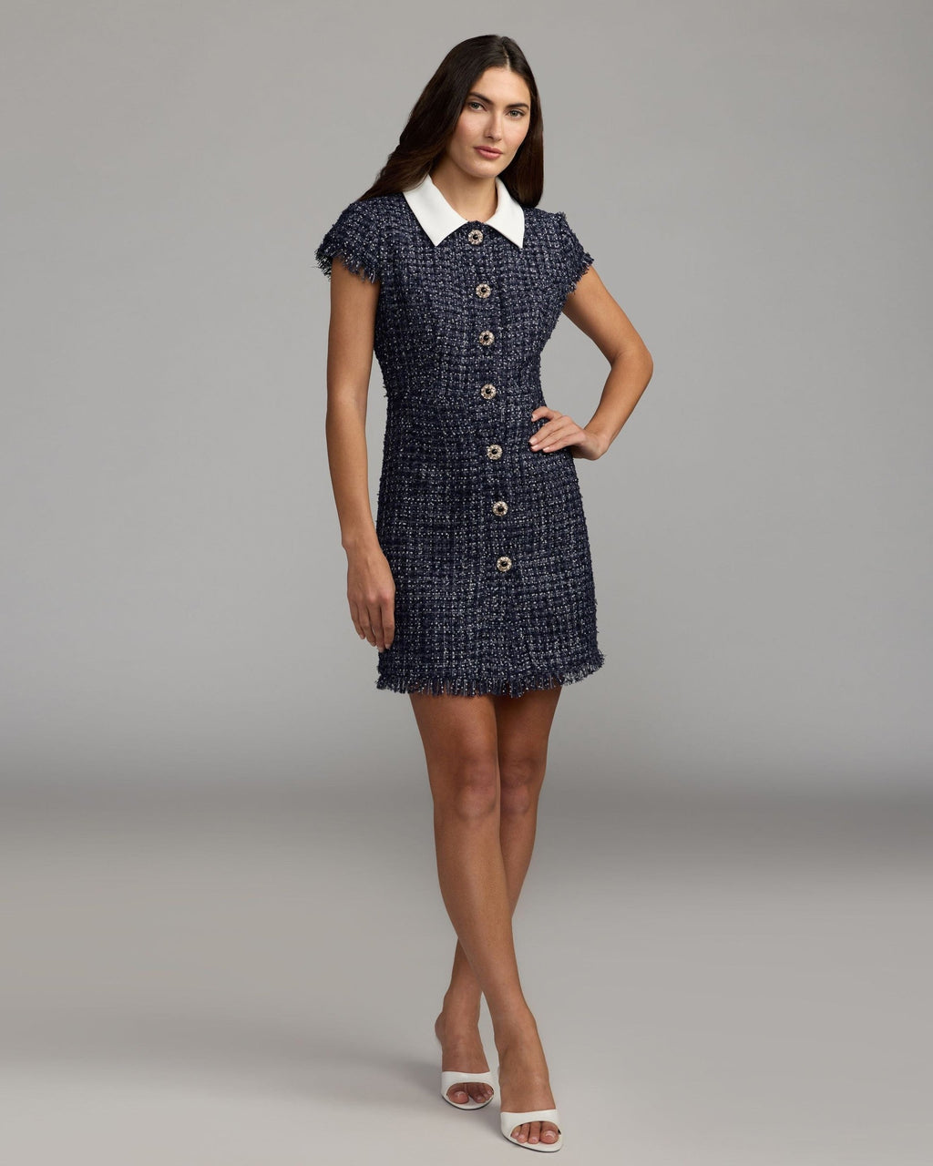 Navy Embellished Boucle Collared Mini Dress