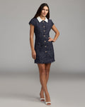 Navy Embellished Boucle Collared Mini Dress