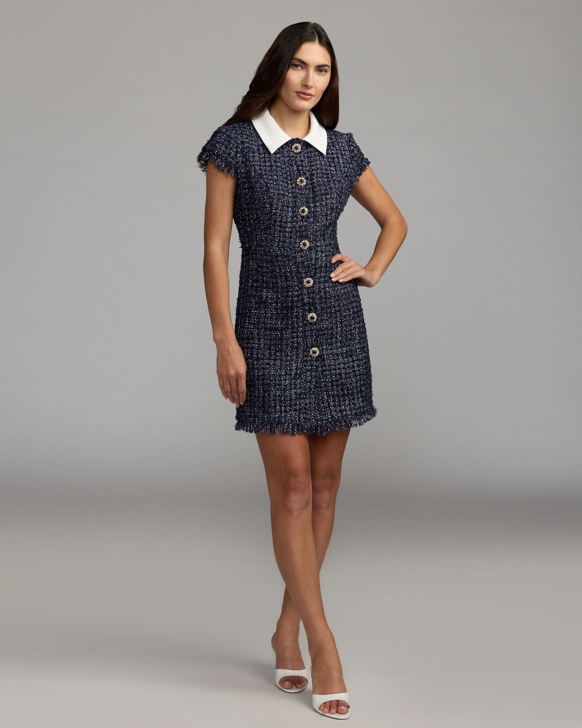 Navy Embellished Boucle Collared Mini Dress