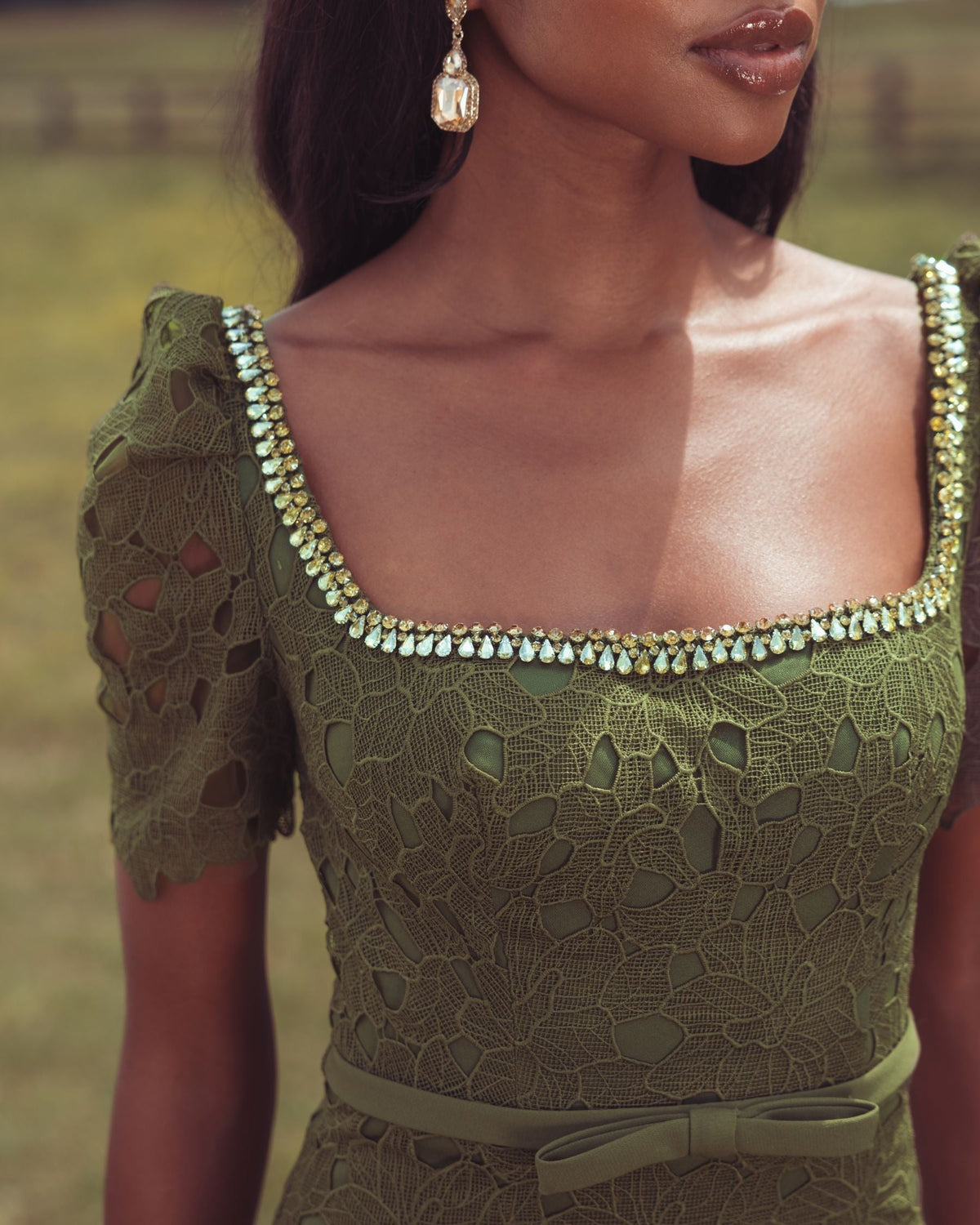 Olive Embellished Square Neck Lace Midi Dress