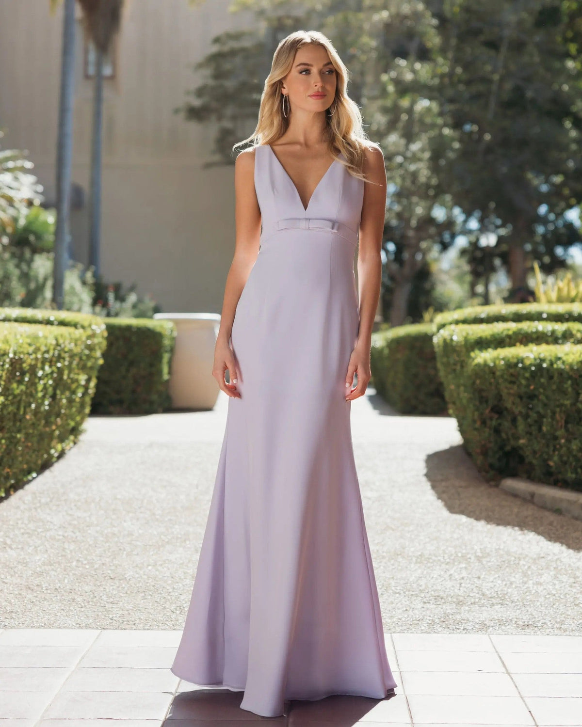 Lilac Crepe V-Neck Mermaid Gown With Bow