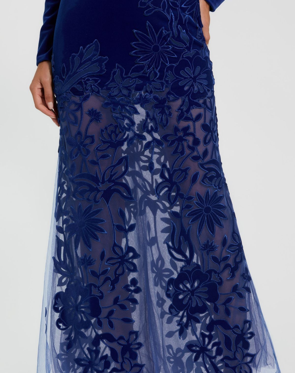 Cobalt Long Sleeve Sheer Floral Embroidered Velvet Dress