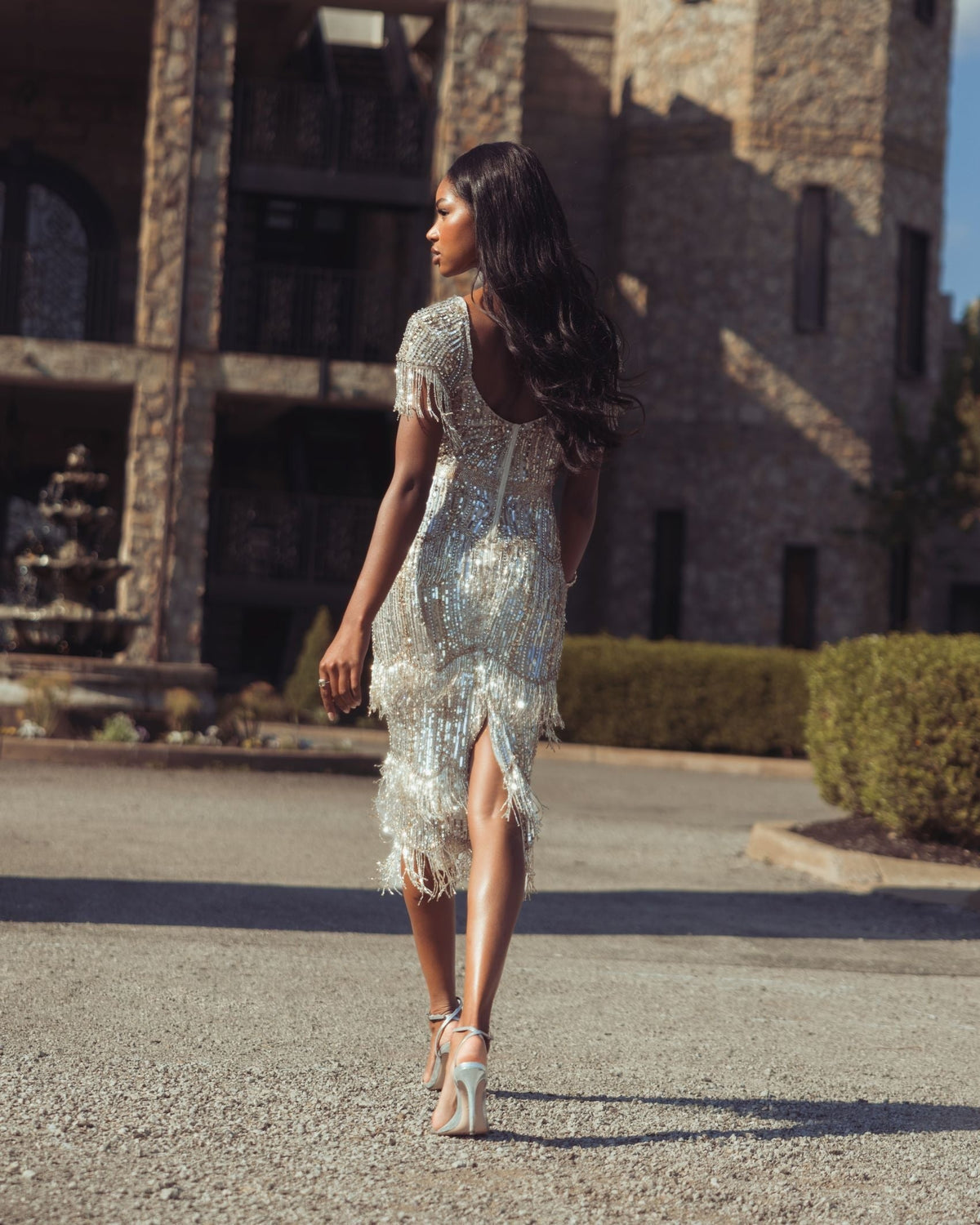 Light Gold Beaded Fringe Midi Dress