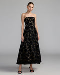 Black Nude Floral Lace Strapless A-Line Midi Dress