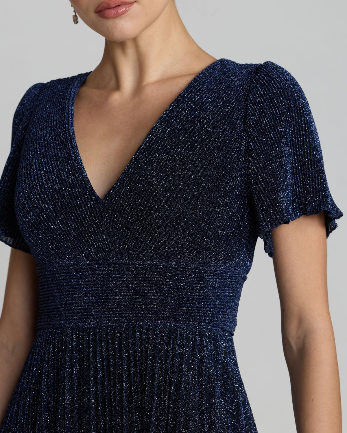 Petite Midnight Pleated Metallic Flutter Sleeve A Line Gown