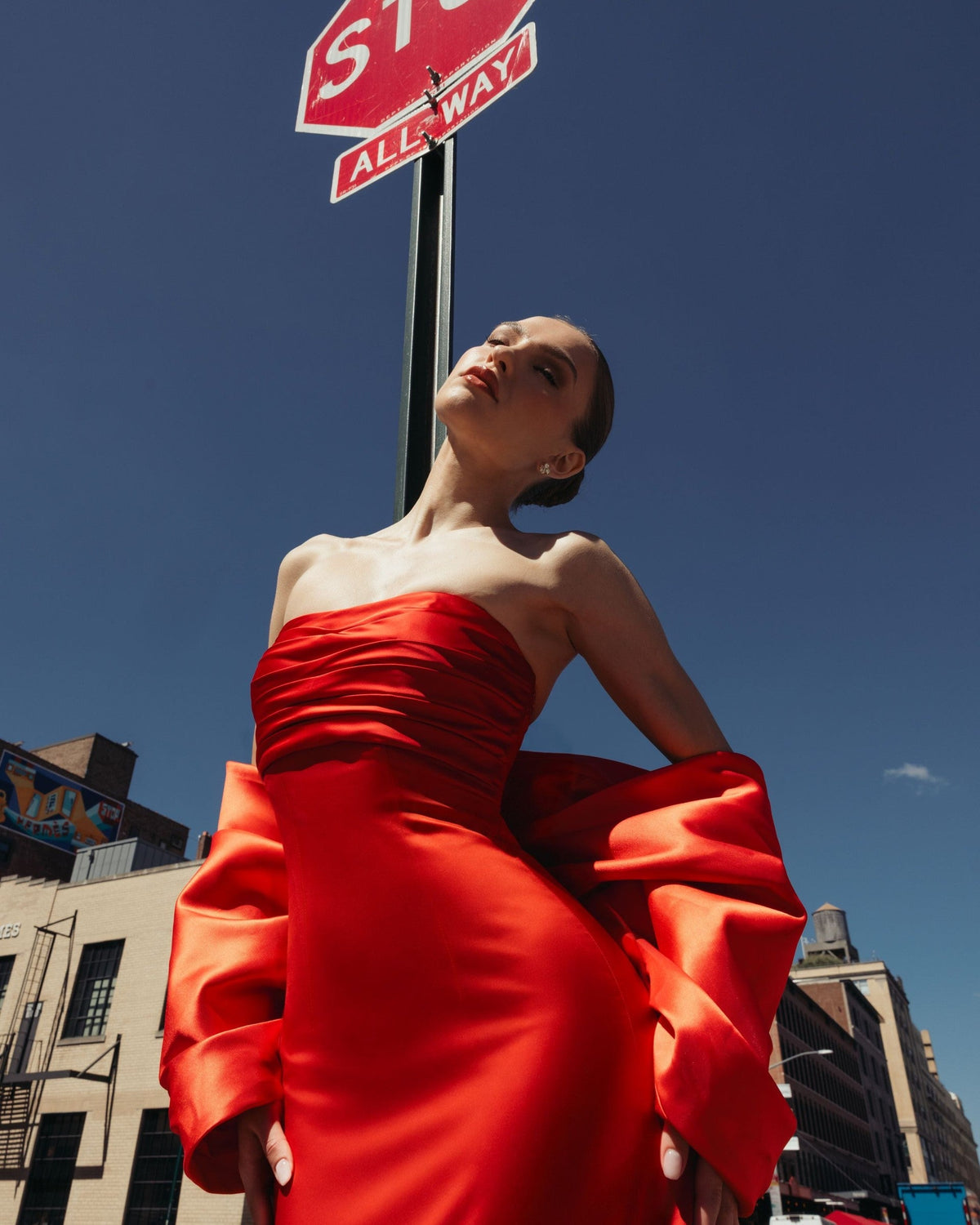 Ruby Satin Column Gown With Oversized Bow