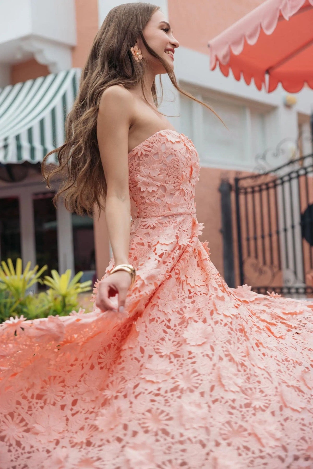Blush Strapless Floral Embroidered Lace A-Line Dress