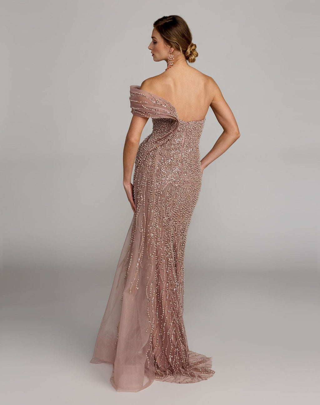 Taupe One Shoulder Embellished Gown With Drape Detail