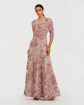 Mocha High Neck Embellished Lace Gown With 3/4 Sleeves