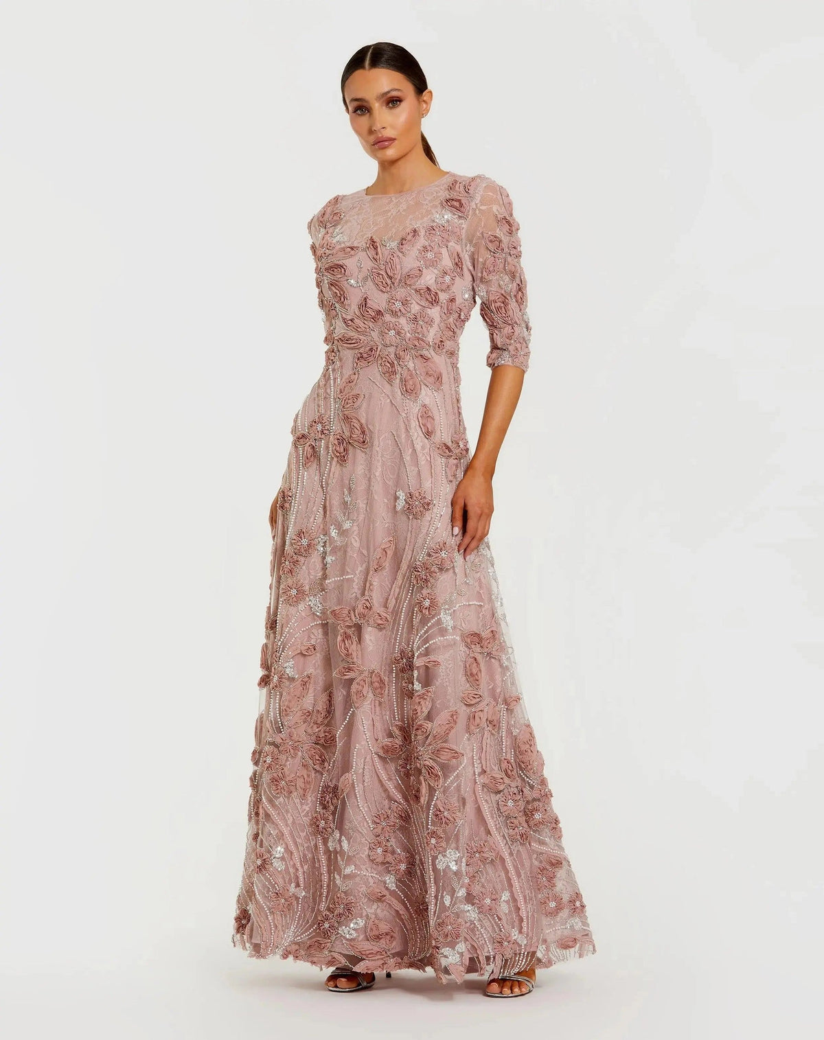 Mocha High Neck Embellished Lace Gown With 3/4 Sleeves
