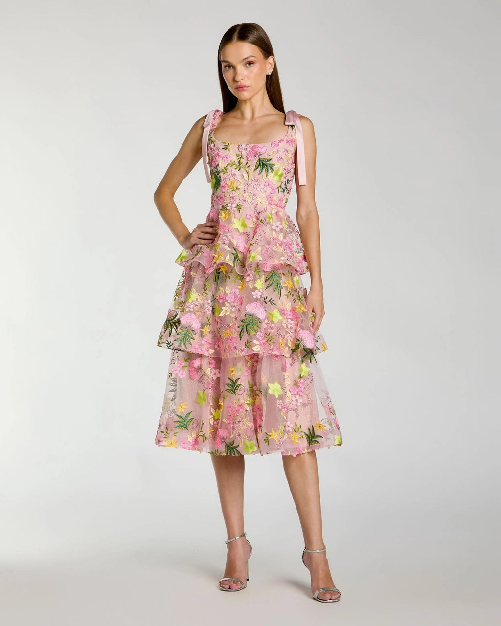 Blush Multi Floral Embroidered Tiered Midi Dress