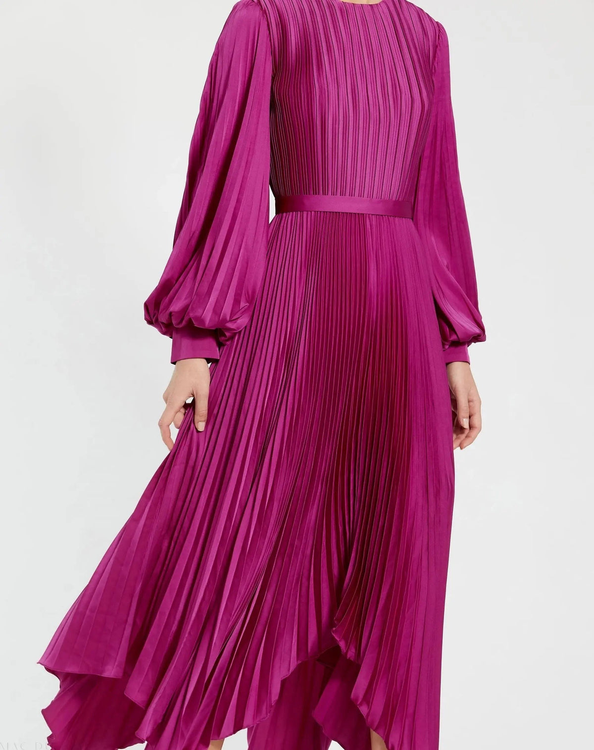Fuchsia Long Sleeve Pleated Charmeuse Handkerchief Dress