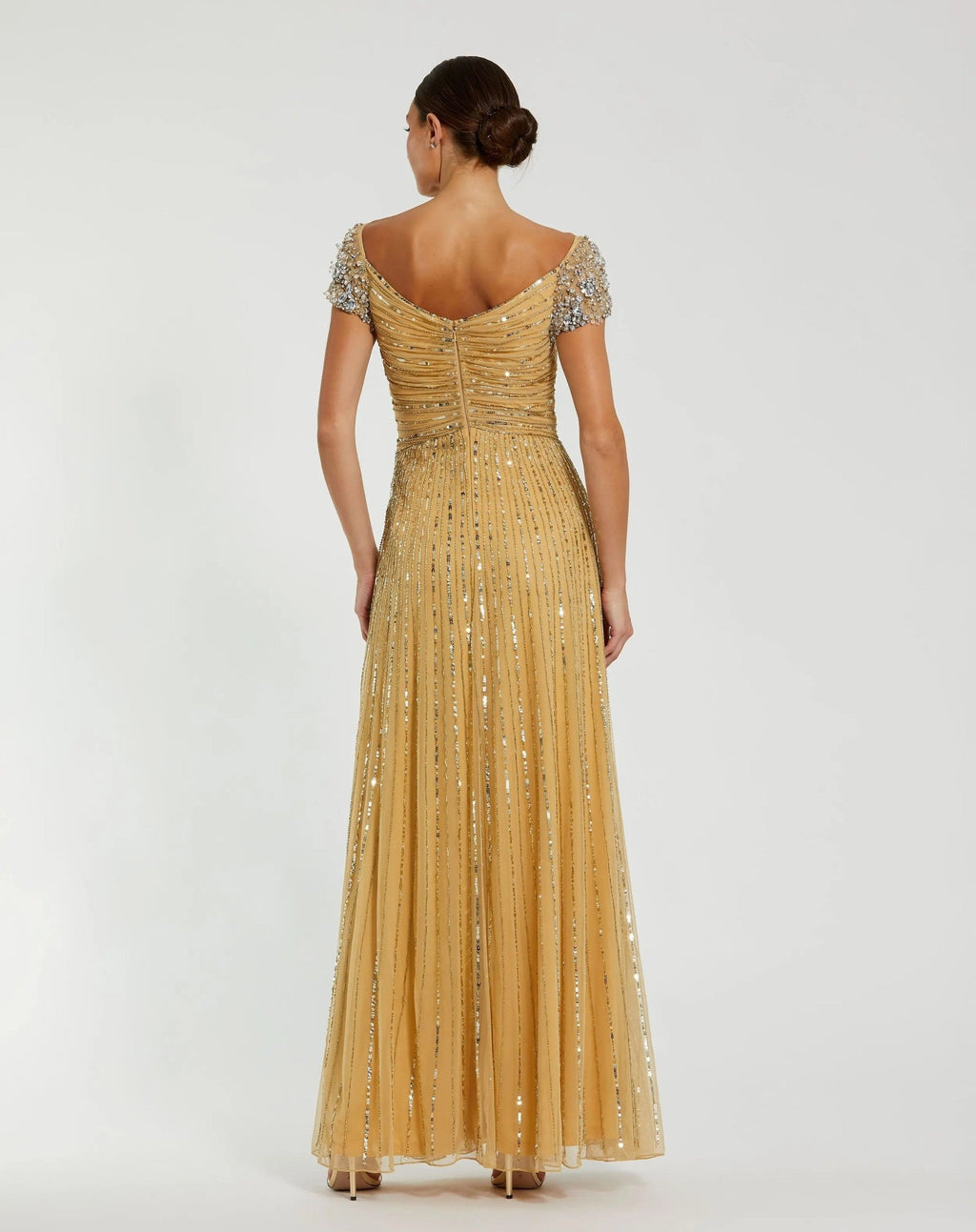 Gold Embellished V-Neck Cap Sleeve Gown