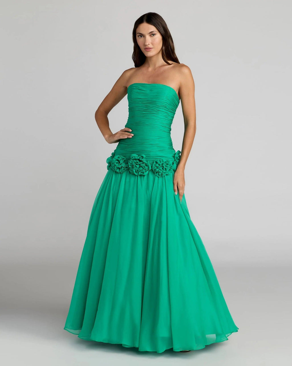Spring Green Strapless Chiffon Ball Gown With 3D Flowers