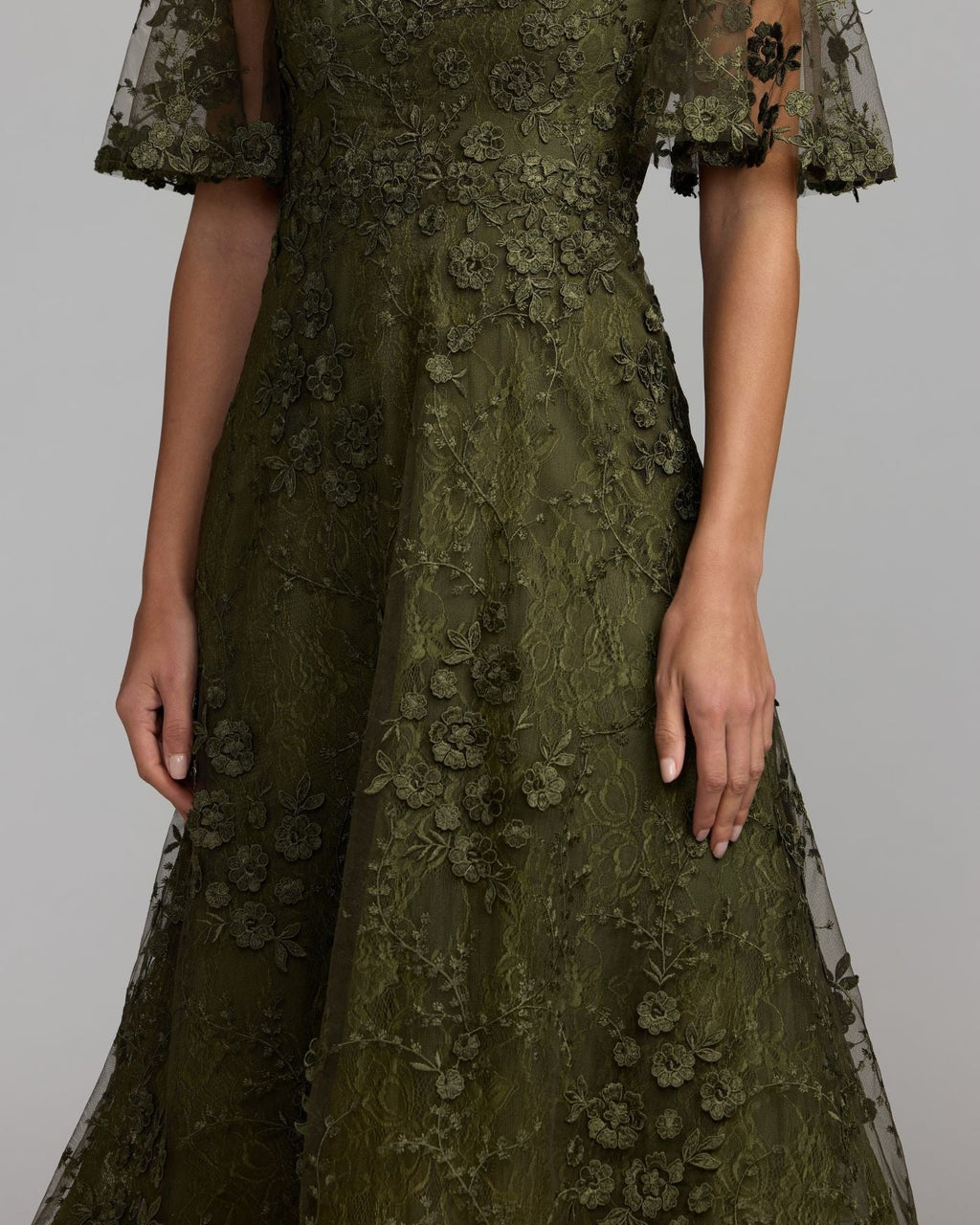 Olive Flutter Sleeve Embroidered Midi Dress