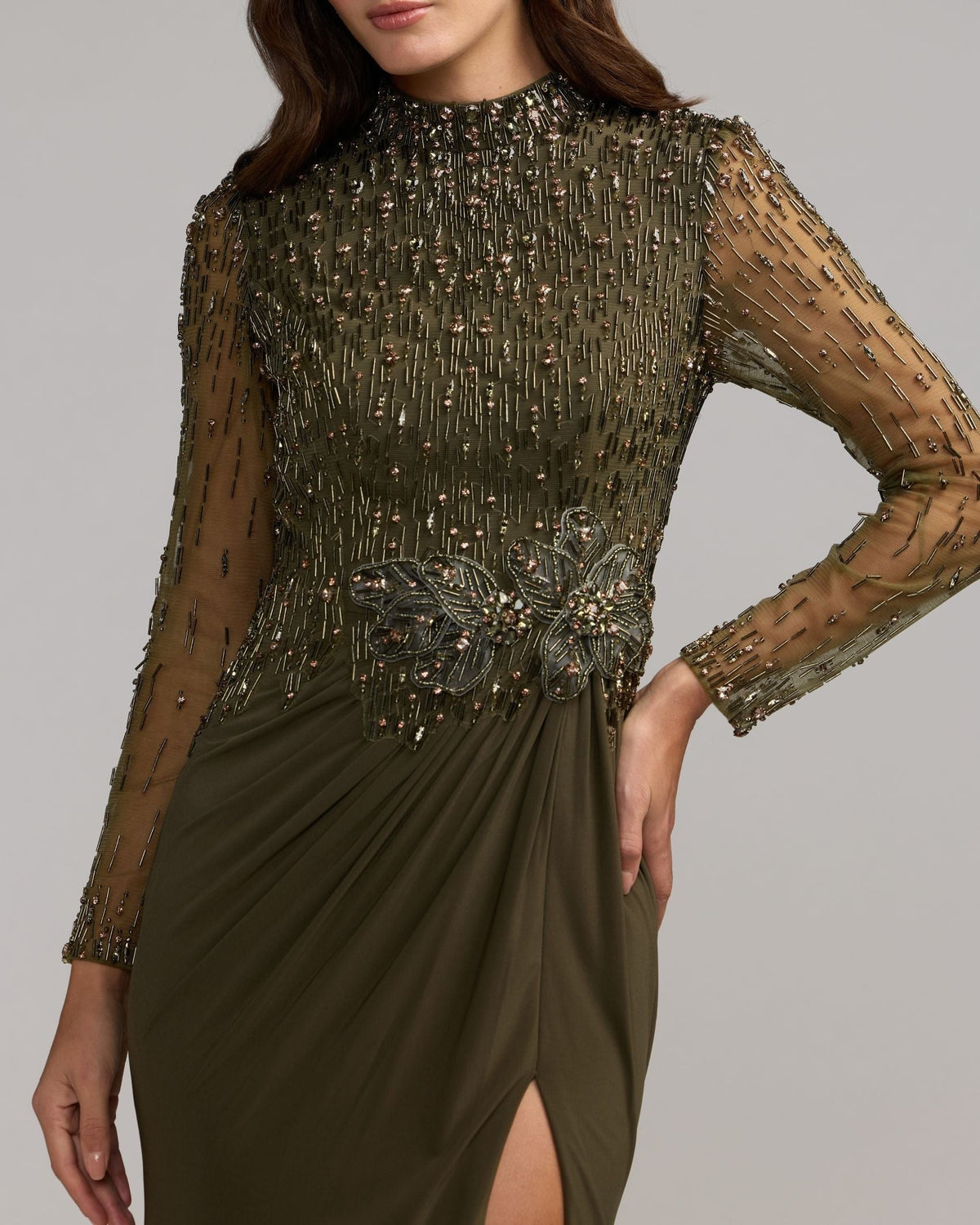 Olive Beaded Mock Neck Jersey Gown