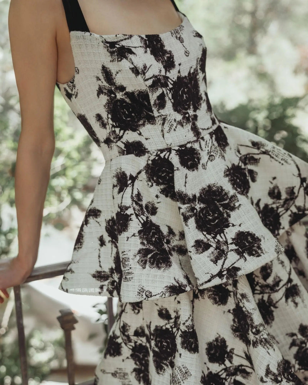 Black Ivory Floral Boucle Tiered Ruffle Gown