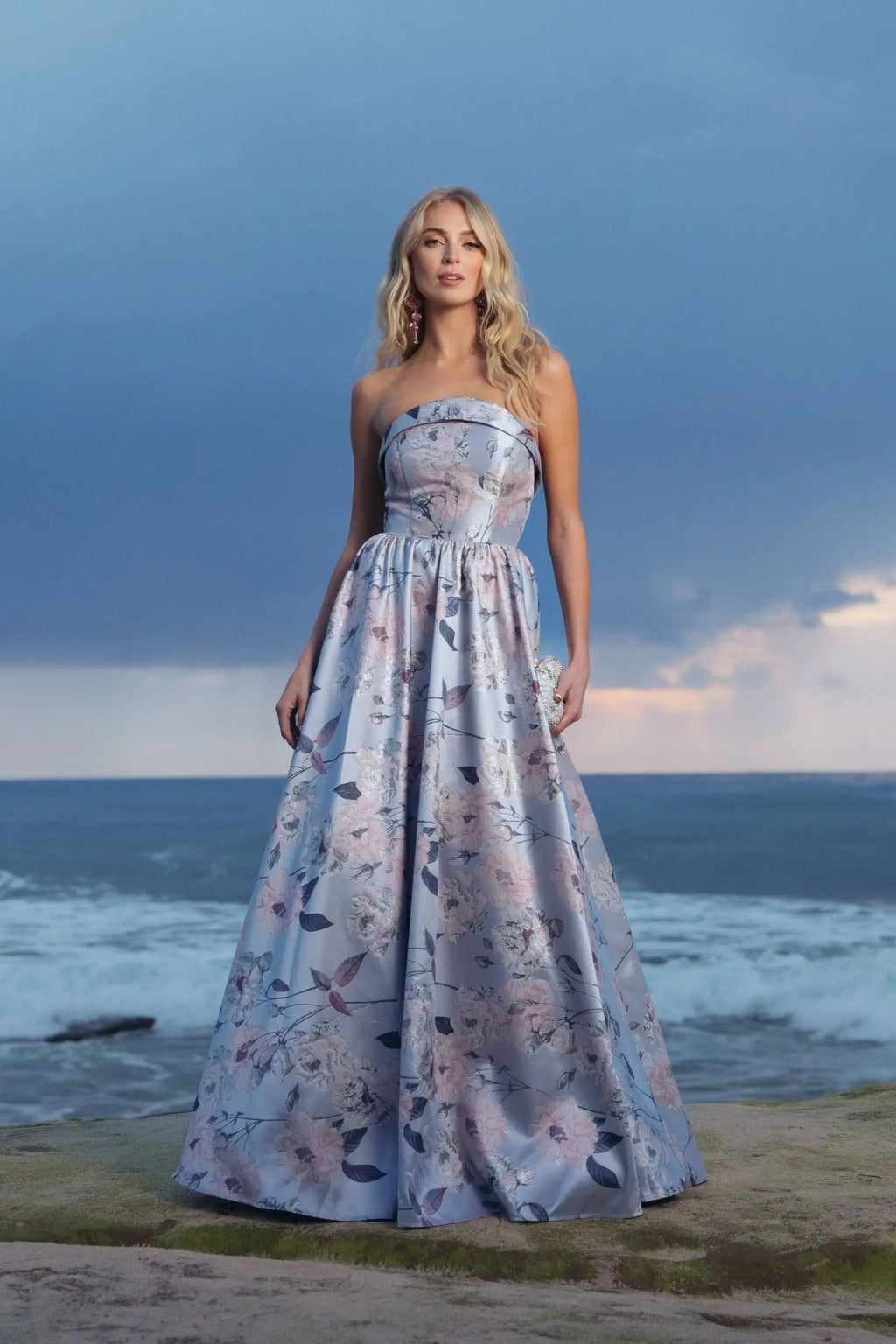 Blue Multi Floral Brocade Strapless Ball Gown