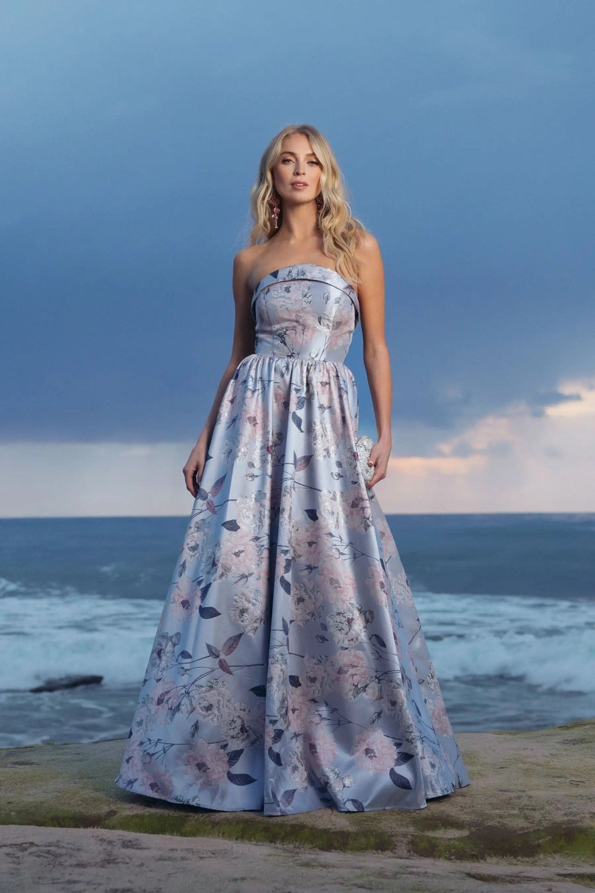 Blue Multi Floral Brocade Strapless Ball Gown